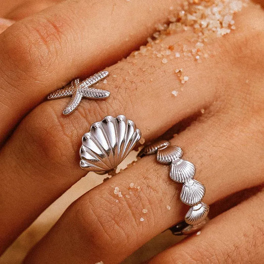 Stainless Steel Sea Star Shell  Open Rings For Women Men Vintage Gold Color Adjustable Finger Ring Jewelry Beach Party Gifts
