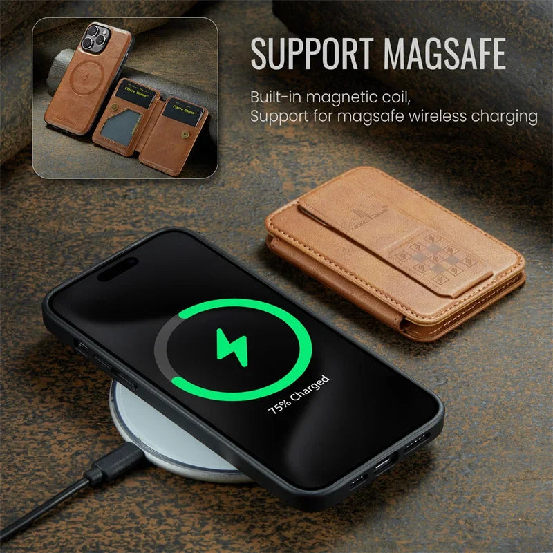 Luxury Leather Wallet Phone Case for iPhone 17 16 Pro 15 14 13 12Pro 11 XS Pro Max Compatible Magnetic MagSafe Wireless Charging