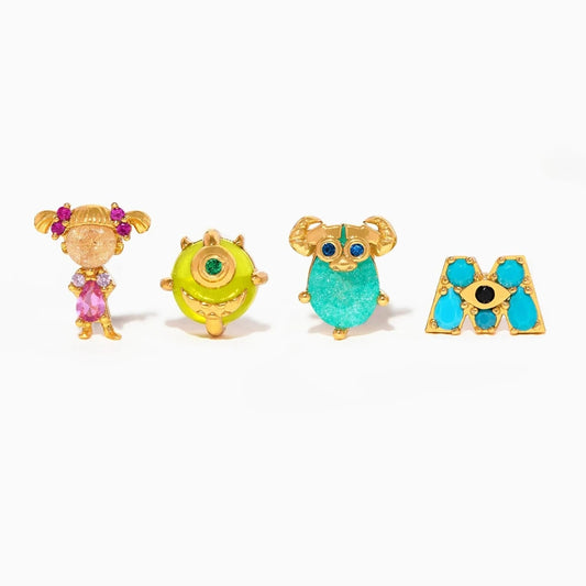 MIGGA 4pcs Cubic Zircon Monster Cartoon Stud Earrings Set Gold Plated CZ Crystal Women Girls Gift Jewelry