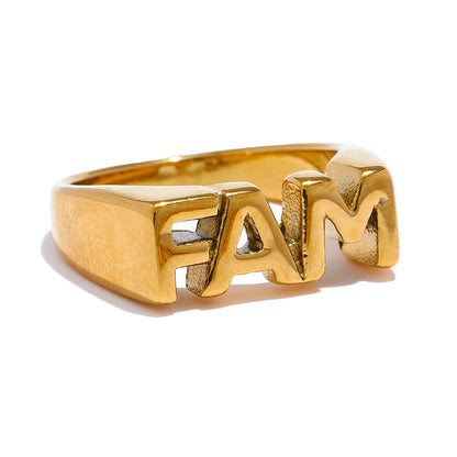 Yhpup FAM DAD SIS BRO MOM Statement Cast Family Letter Ring Stainless Steel Texture Gold Color Attractive Jewelry 18k PVD Plated