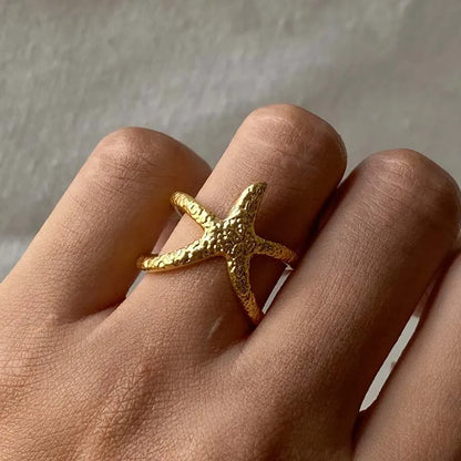 Stainless Steel Starfish Open Rings For Women Men Fashion Gold Color Irregular Textured Starfish Adjustable Ring Jewelry Gift