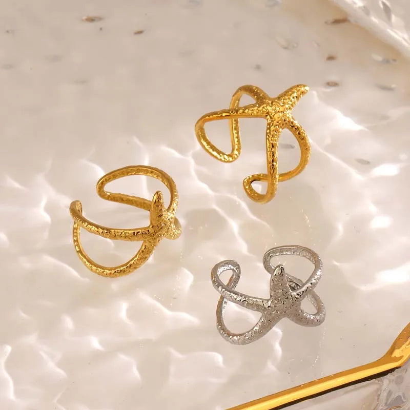 Stainless Steel Starfish Open Rings For Women Men Fashion Gold Color Irregular Textured Starfish Adjustable Ring Jewelry Gift