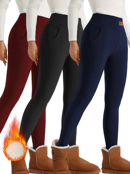 【3 Pack Winter Warm Pants】Fleece Lined High Waist Leggings for Women, Black+Navy+Wine Red Thickened Thermal Trousers, Windproof