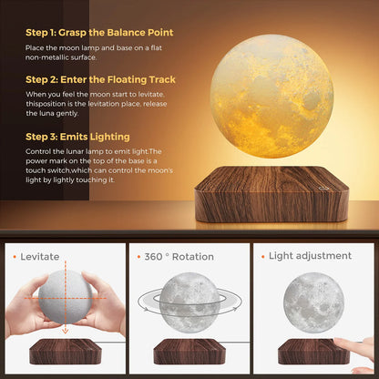 Magnetic Floating Rotating Moon Lamp with Wooden Base, 3 Color Temperature LED Night Lights of Print 3D for Unique Gifts, Room