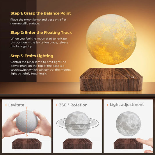 Magnetic Floating Rotating Moon Lamp with Wooden Base, 3 Color Temperature LED Night Lights of Print 3D for Unique Gifts, Room