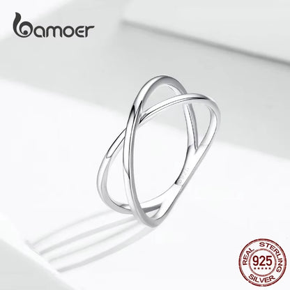BAMOER 14K Gold Plated X Ring Dainty Minimalist 925 Sterling Silver Cross Ring for Women Promise Jewelry 2 Colors SCR543