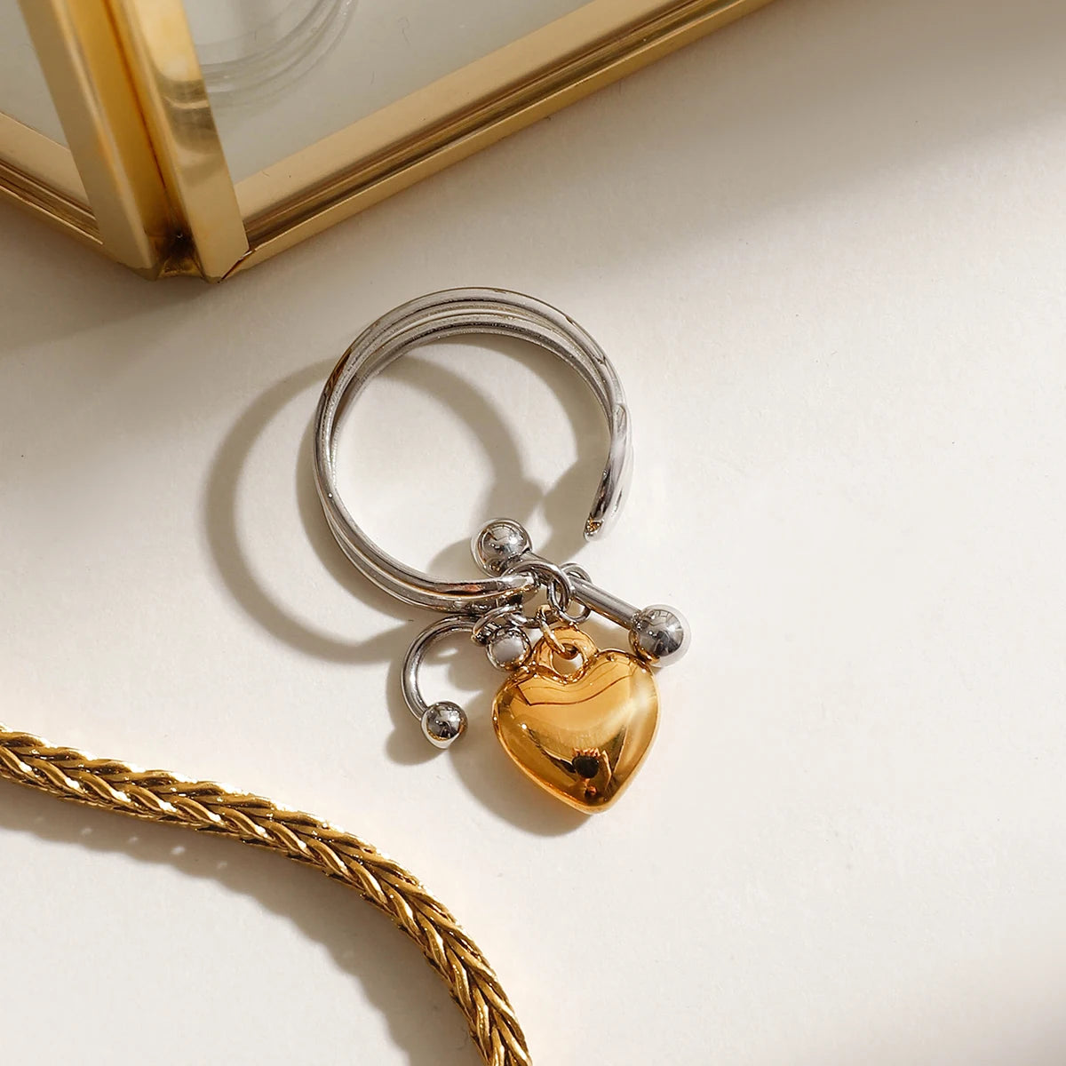 Youthway Modern Design Minimalist Stainless Steel Gold Heart Pendant Double Layer Opening Ring For Women Waterproof  Jewelry New