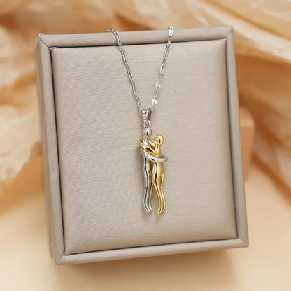 FTCY Stainless Steel Couple Hugging Necklace Pendant for Women Men Gold Silver Color Couple Love Chain Friend Gift Party Jewelry