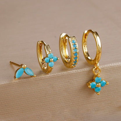 4pcs Fashion Cubic Zirconia Flower Hoop Earrings Set 18K Gold Plated Stainless Steel Stud Earring Piercing Jewelry aretes mujer