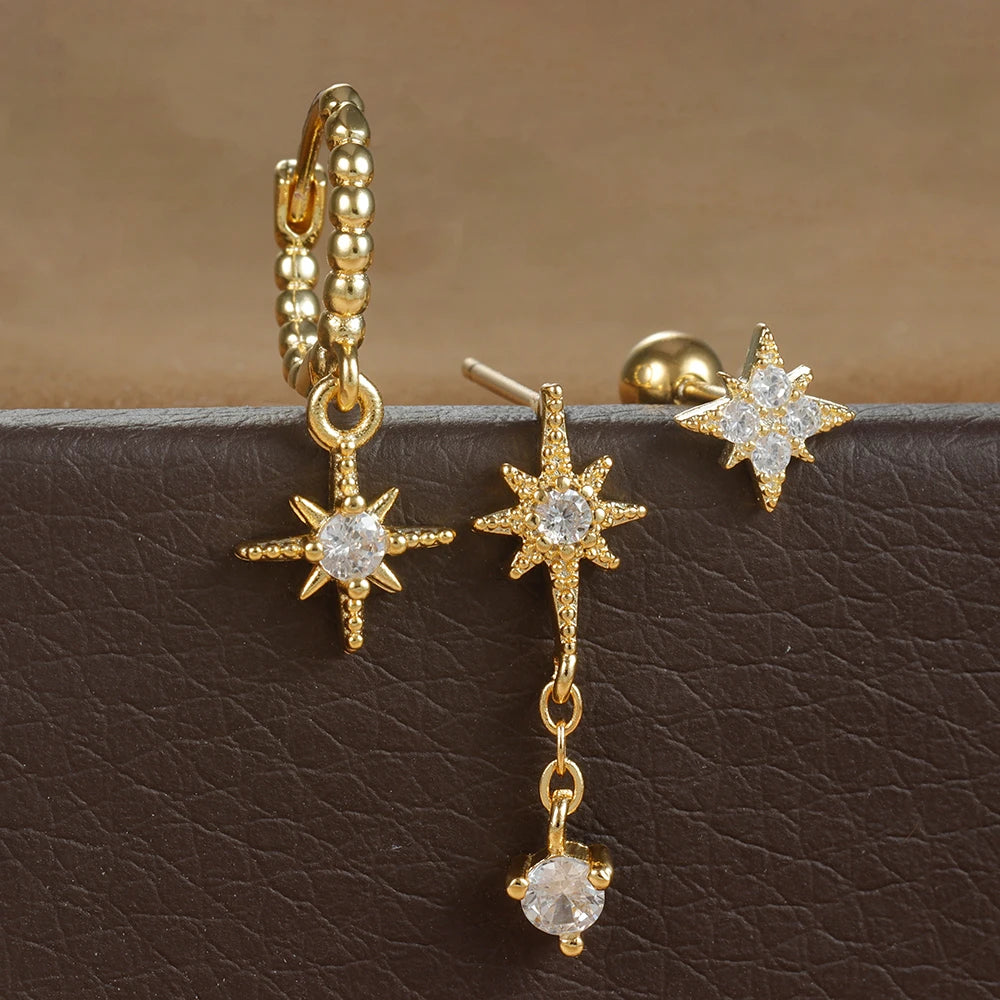 3PCS Gold Color Star Earrings Set for Women Zircon Pendant Stainless Steel Hoop Earring Trend Wedding Jewelry pendientes mujer