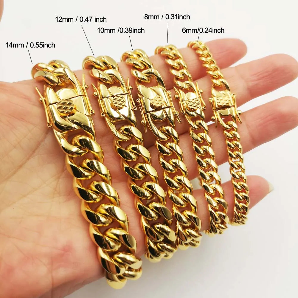 18K Gold Plated Stainless Steel Miami Curb Cuban Chain Link Bracelet Casting Clasp Hip hop Men Jewelry Promotion