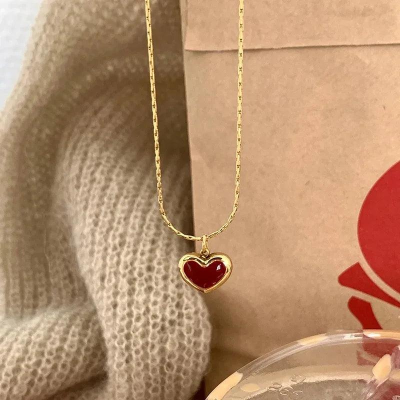 2024 Mothers Day Red Heart Pendant Stainless Steel Gold Color Chain Necklace for Women Non Fading Jewelry Sweet Accessories Gift