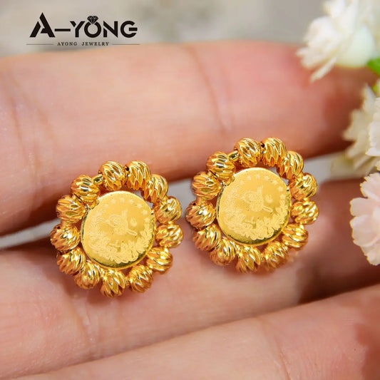 AYONG Turkish Coin Stud Earrings 18k Gold Plated Ear Nail Dubai Arab Womens Trendy Daily Jewelry Wedding Party Banquet Parts