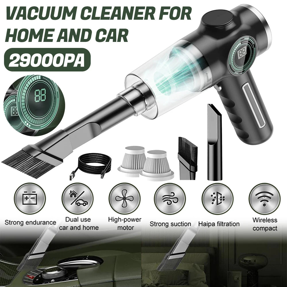 29000Pa Mini Wireless Vacuum Cleaner 120W Strong Suction Handheld Car Mounted Electric Cleaner with LCD power display & 3 filter