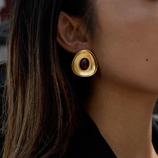 Youthway Fashionable Red Resin Geometric Concave Earrings Stainless Steel 18K Gold Color-Plated Women's Stud Earrings