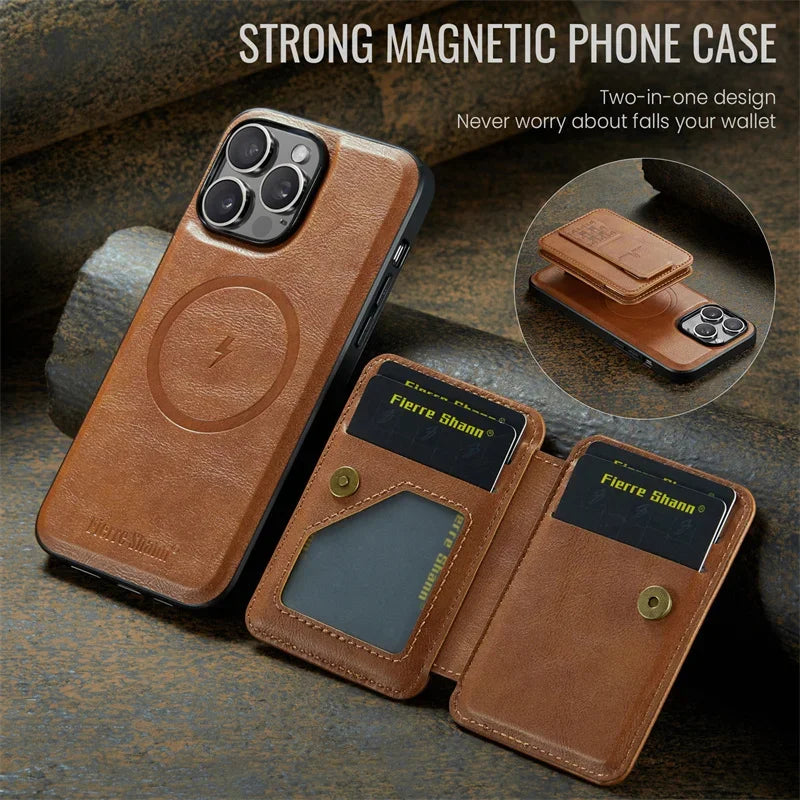 Luxury Leather Wallet Phone Case for iPhone 17 16 Pro 15 14 13 12Pro 11 XS Pro Max Compatible Magnetic MagSafe Wireless Charging