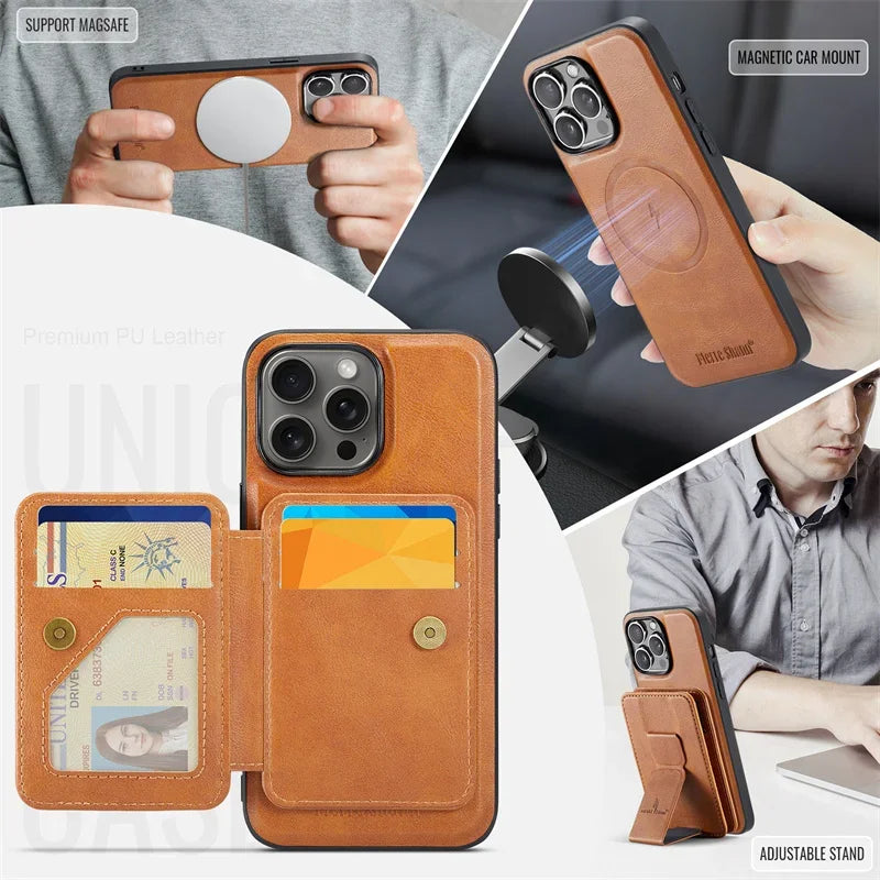 Luxury Leather Wallet Phone Case for iPhone 17 16 Pro 15 14 13 12Pro 11 XS Pro Max Compatible Magnetic MagSafe Wireless Charging