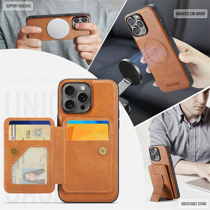 Luxury Leather Wallet Phone Case for iPhone 17 16 Pro 15 14 13 12Pro 11 XS Pro Max Compatible Magnetic MagSafe Wireless Charging