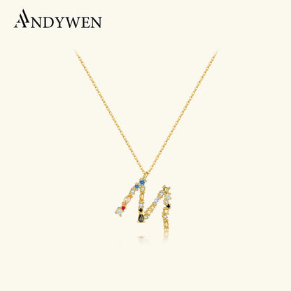 ANDYWEN 925 Sterling Silver Gold Letter M Pendant Initial F Alphabet Necklace Monogram Opals 2020 Women Accessories Jewelry