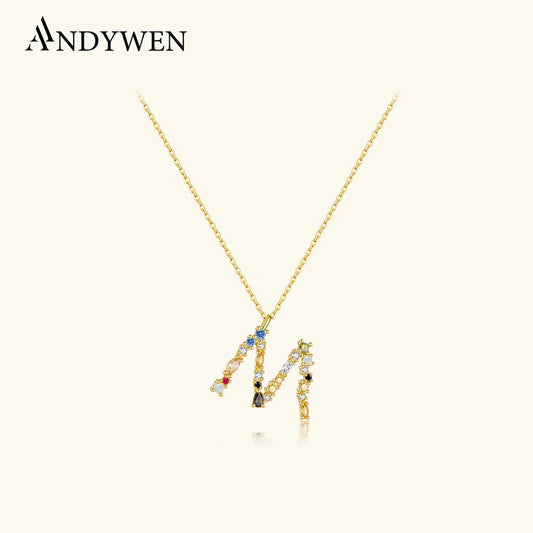 ANDYWEN 925 Sterling Silver Gold Letter M Pendant Initial F Alphabet Necklace Monogram Opals 2020 Women Accessories Jewelry