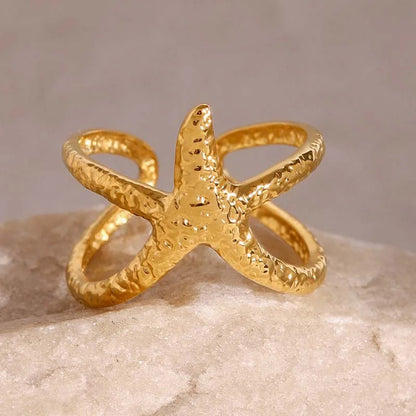 Stainless Steel Starfish Open Rings For Women Men Fashion Gold Color Irregular Textured Starfish Adjustable Ring Jewelry Gift