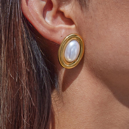 Uworld Vintage 18K Gold Color Plated Stainless Steel Oval Pearl Waterproof Ear Studs Women's Jewelry Daily Commuting