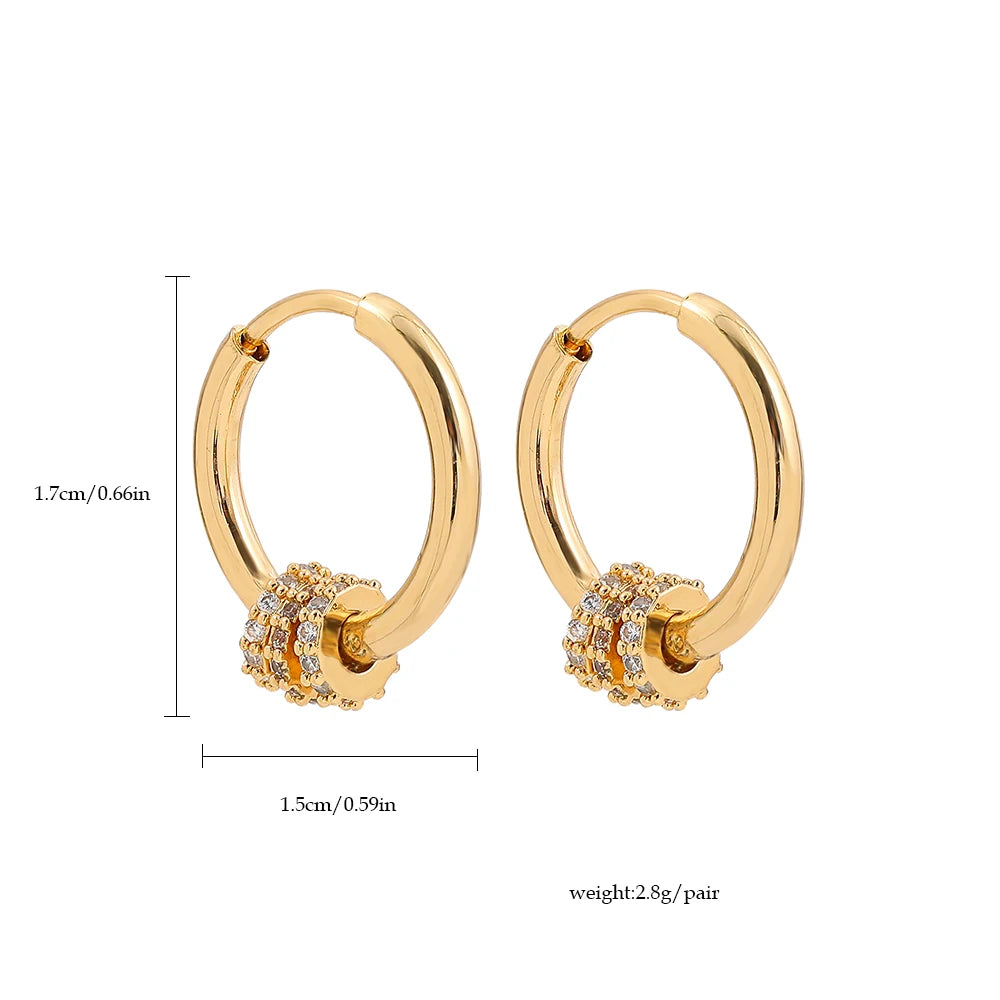 Trendy Small Round Gold Color Stainless Steel Huggies Hoop Earrings for Women Zirconia CZ Triple Gear Charm Earrings Ear Buckle