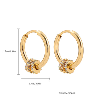 Trendy Small Round Gold Color Stainless Steel Huggies Hoop Earrings for Women Zirconia CZ Triple Gear Charm Earrings Ear Buckle
