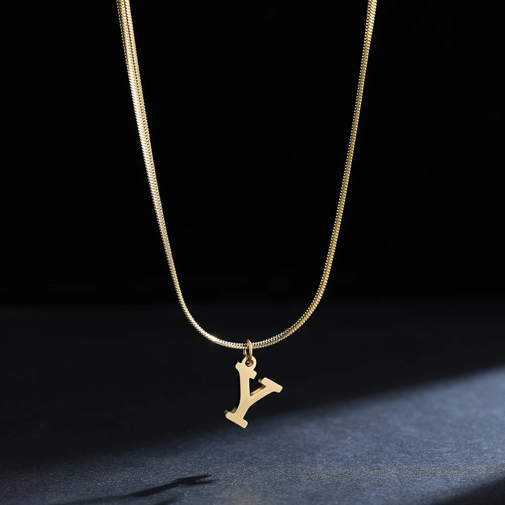 Stainless Steel Flat Snake Chains with A-Z Initial Pendant Necklace for Women Gold Color Alphabet Letter Necklace Collar Jewelry