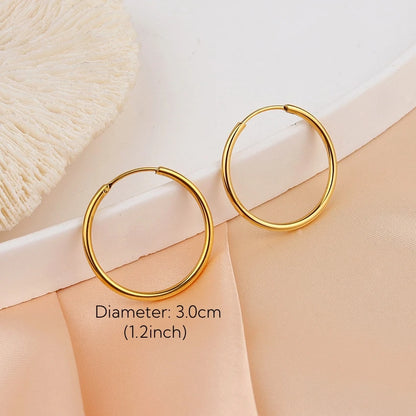 Gold Plated Smooth Round Circle Big Hoop Earrings for Women Size 12/25/30/40/50/60mm Stainless Steel Jewelry Accessories Gifts