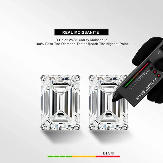 1Carat D Radian Emerald Cut Moissanite Stud Earrings S925 Silver Plated 18K White Gold Rectangle Diamond Earring Studs for Women