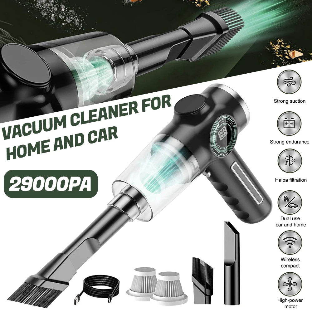 29000Pa Mini Wireless Vacuum Cleaner 120W Strong Suction Handheld Car Mounted Electric Cleaner with LCD power display & 3 filter