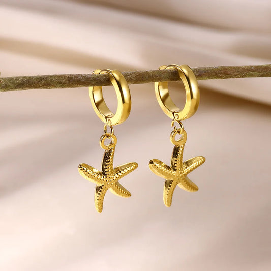 Vintage Starfish Shell Hoop Earrings For Women Gold Color Stainless Steel Ocean Shell Earring Waterproof Wedding Jewelry Gift