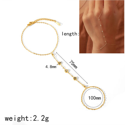 14K Yellow Gold Plated Stainless Steel Hand Chains Bracelet for Women Dainty Cubic Zirconia Bracelet and Ring Chain Body Jewelry