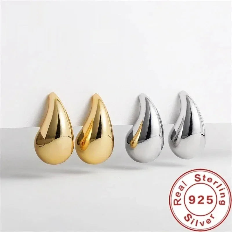 925 Sterling Silver 18K Gold Plated Chunky Dome Water Drop Earring for Women Vintage Glossy Thick Teardrop Hoop Earrings Jewelry