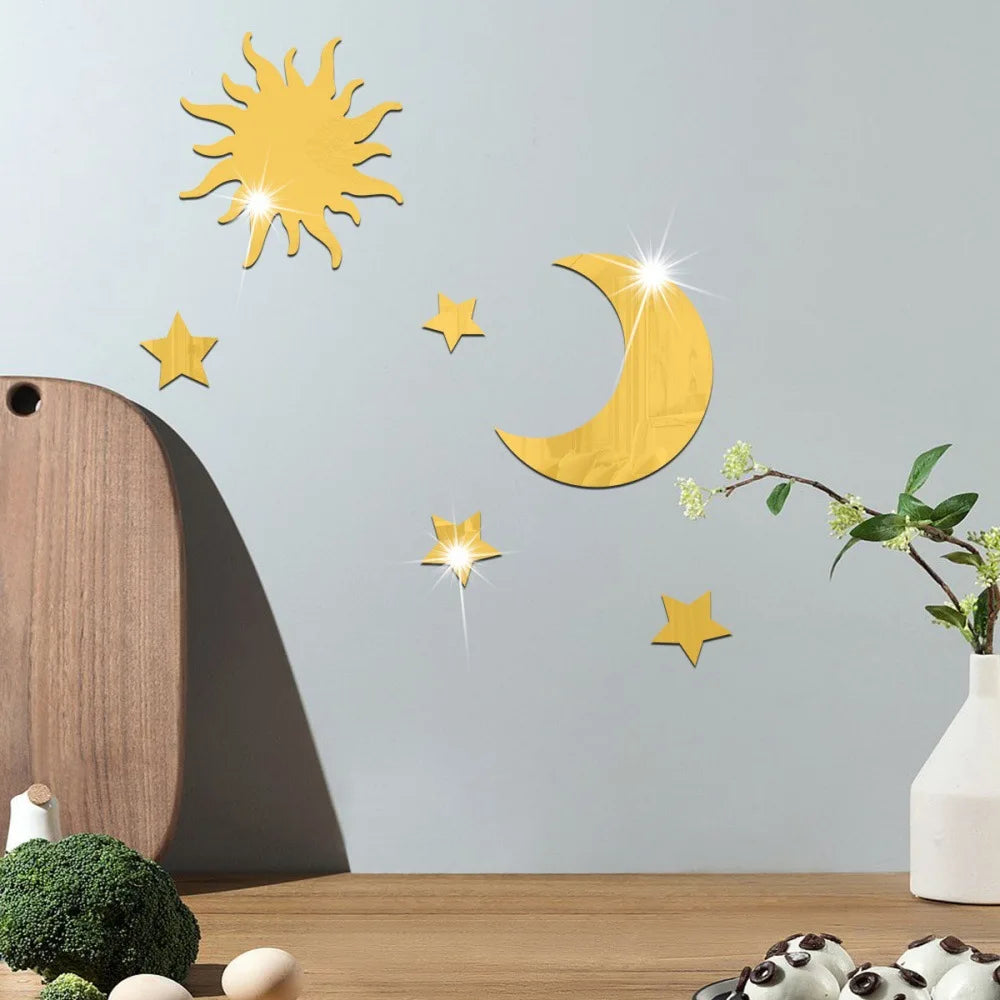 6PCS Star Moon Combination Mirror Acrylic Stereo Self Adhesive Diy Bedroom Living Room Can Be Removed Wall Stickers
