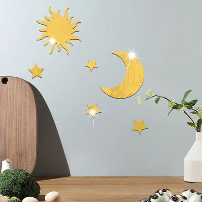 6PCS Star Moon Combination Mirror Acrylic Stereo Self Adhesive Diy Bedroom Living Room Can Be Removed Wall Stickers
