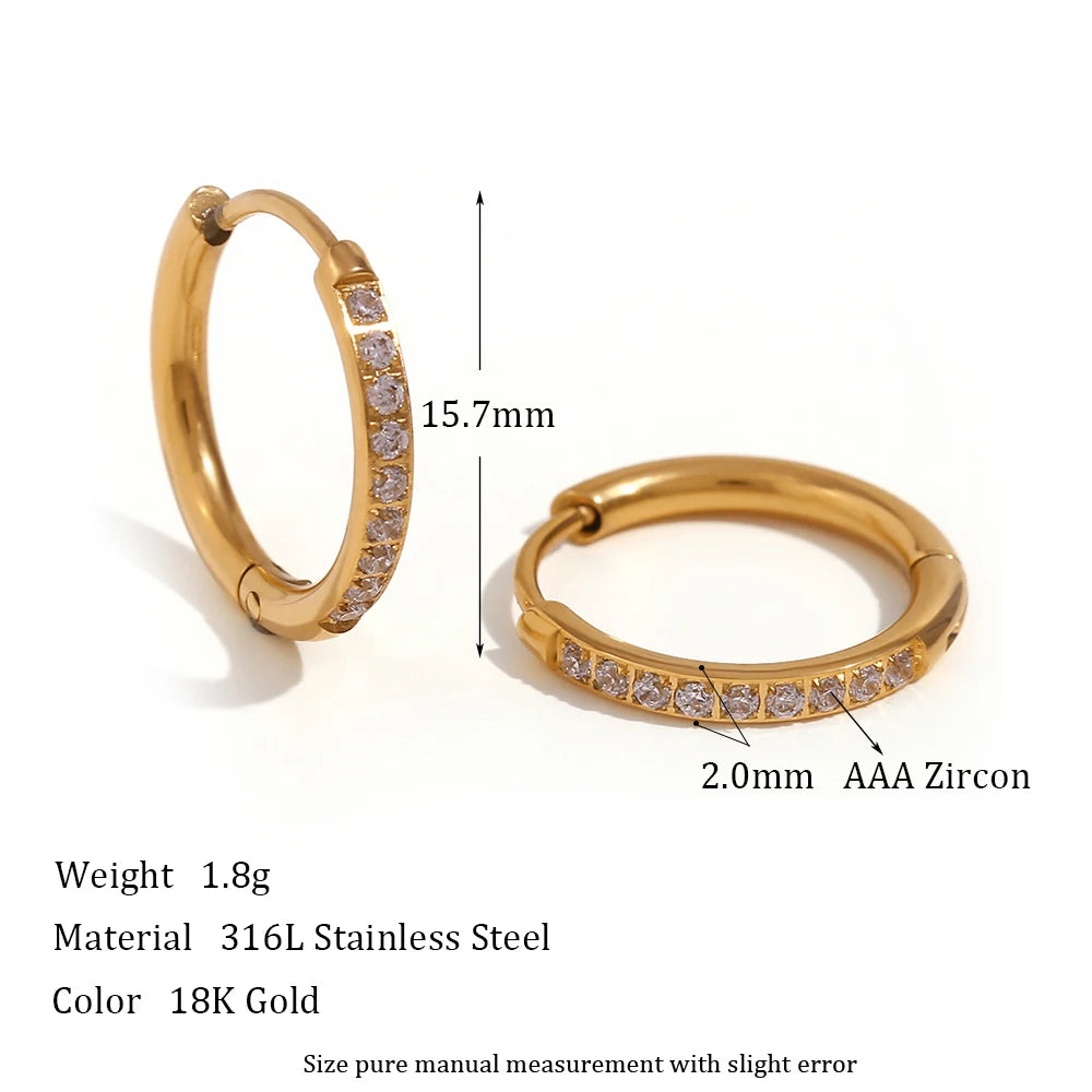 2023 Trendy Basic Clear Gemstone Crystal Paved Huggie Hoop Earring Waterproof Stainless Steel Round Gold Plated Woman Earring