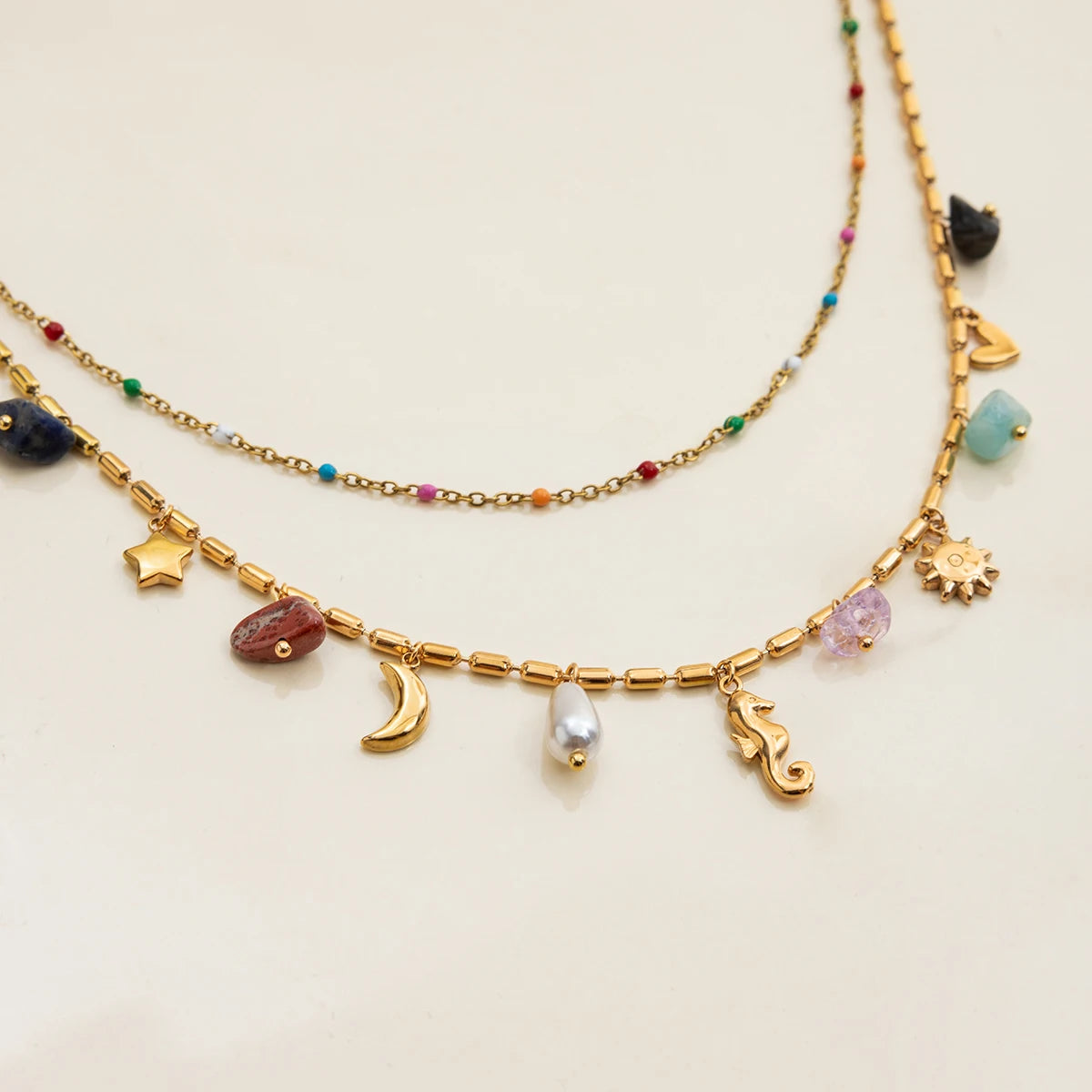 Zora 18K Gold Plated Stainless Steel Double Layer Multi Charm Pendant Necklace Colorful Natural Stone Daily Party Women Jewelry