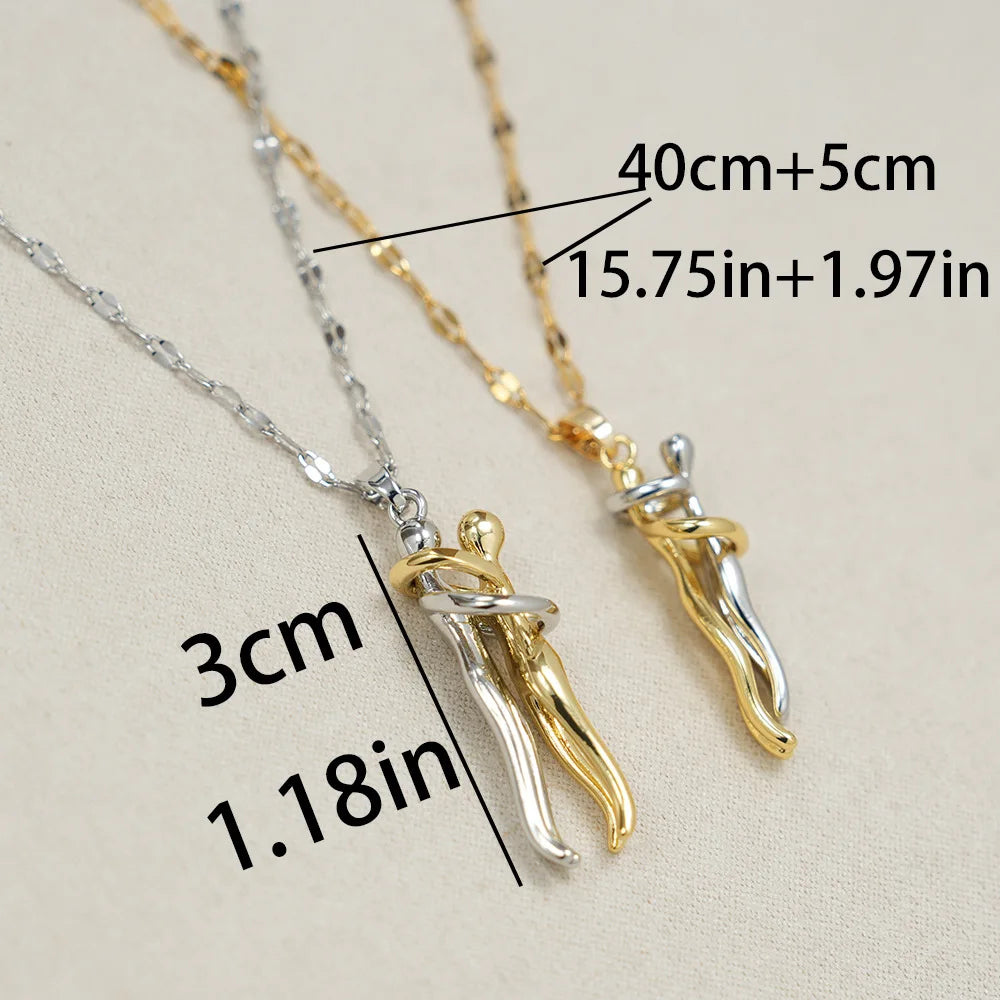 FTCY Stainless Steel Couple Hugging Necklace Pendant for Women Men Gold Silver Color Couple Love Chain Friend Gift Party Jewelry