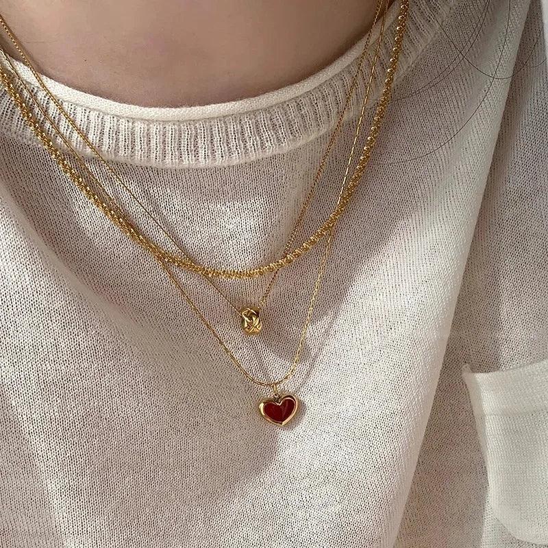 2024 Mothers Day Red Heart Pendant Stainless Steel Gold Color Chain Necklace for Women Non Fading Jewelry Sweet Accessories Gift