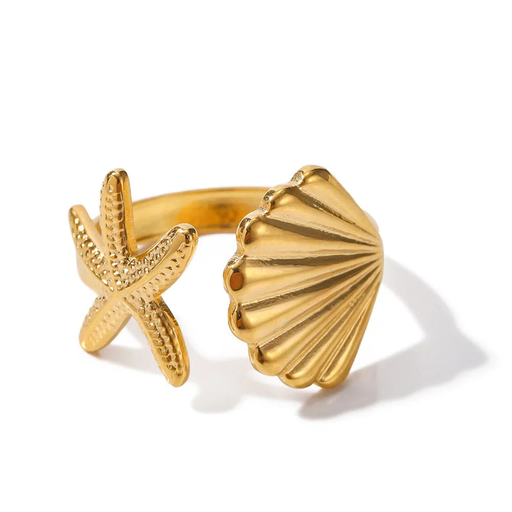Stainless Steel Starfish Open Rings For Women Men Fashion Gold Color Irregular Textured Starfish Adjustable Ring Jewelry Gift