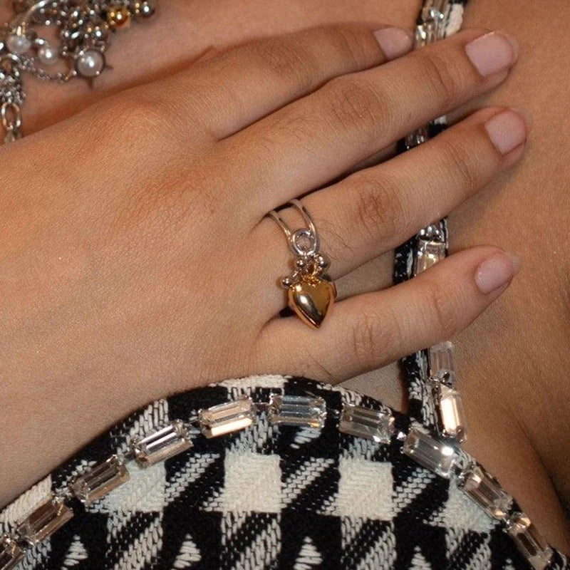 Youthway Modern Design Minimalist Stainless Steel Gold Heart Pendant Double Layer Opening Ring For Women Waterproof  Jewelry New