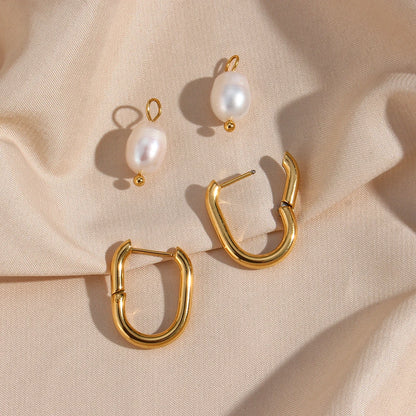 E.B.belle Waterproof Tarnish Free Jewelry Stainless Steel Gold Plated U Shape Freshwater Pearl Drop Hoop Ring Earrings For Woman