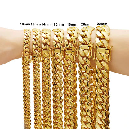 8-22mm Hip Hop Bling Gold Color Stainless Steel Dense Cuban Miami Link Chain Necklaces for 18k Gold-plated  Men Rapper Jewelry