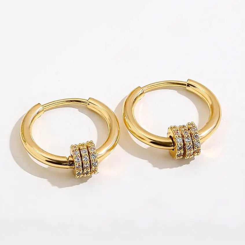 Trendy Small Round Gold Color Stainless Steel Huggies Hoop Earrings for Women Zirconia CZ Triple Gear Charm Earrings Ear Buckle