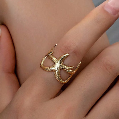 Stainless Steel Starfish Open Rings For Women Men Fashion Gold Color Irregular Textured Starfish Adjustable Ring Jewelry Gift